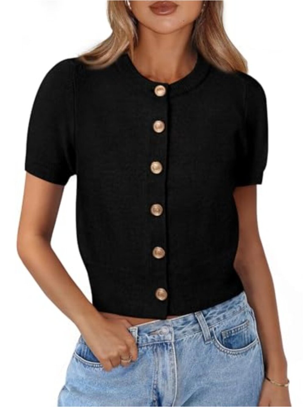 Women's Short Sleeve Button Down Cardigan Crew Neck Cropped Lightweight Sweater